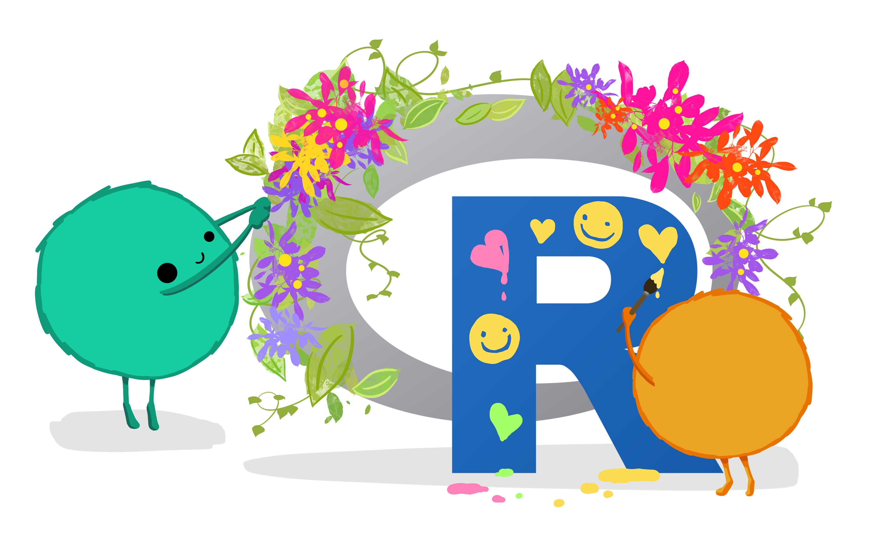 Two of Allison Horst's R monsters decorating the R programming language logo with flowers and paintings of hearts and smiley faces.